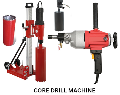 Various types of core drills displayed in a shop