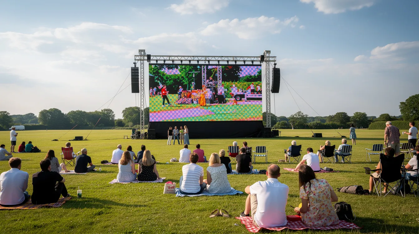 A large, bright outdoor LED screen is prominently displayed on a grassy field, with a diverse audience gathered at a distance, watching the event during the daytime. The LED video wall captures attention with its vibrant colors, showcasing high resolution and designed for outdoor applications.