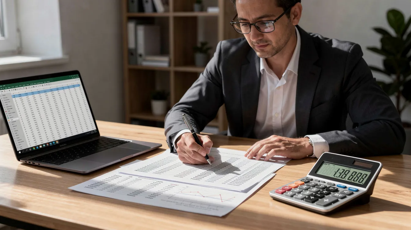 A person is seated at a desk, intently reviewing financial documents alongside a calculator and a laptop, likely assessing options for investment property financing. The scene suggests a focus on managing cash flow and understanding monthly payments related to rental income and potential home equity loans.