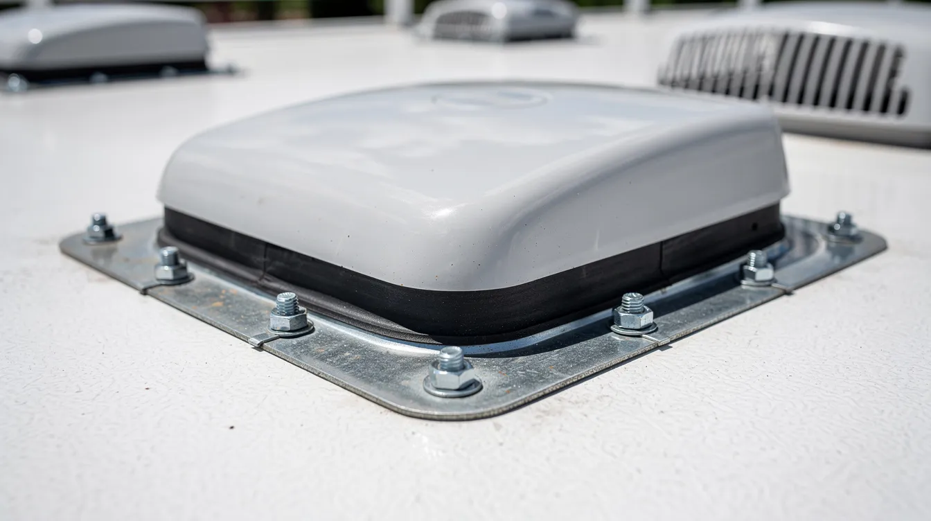 A close-up view of an RV rooftop features an air conditioning unit with visible mounting bolts and a gasket, highlighting its essential components for reliable cooling performance. This rooftop AC unit is crucial for blowing cold air into the RV, ensuring a comfortable interior temperature during warm weather.