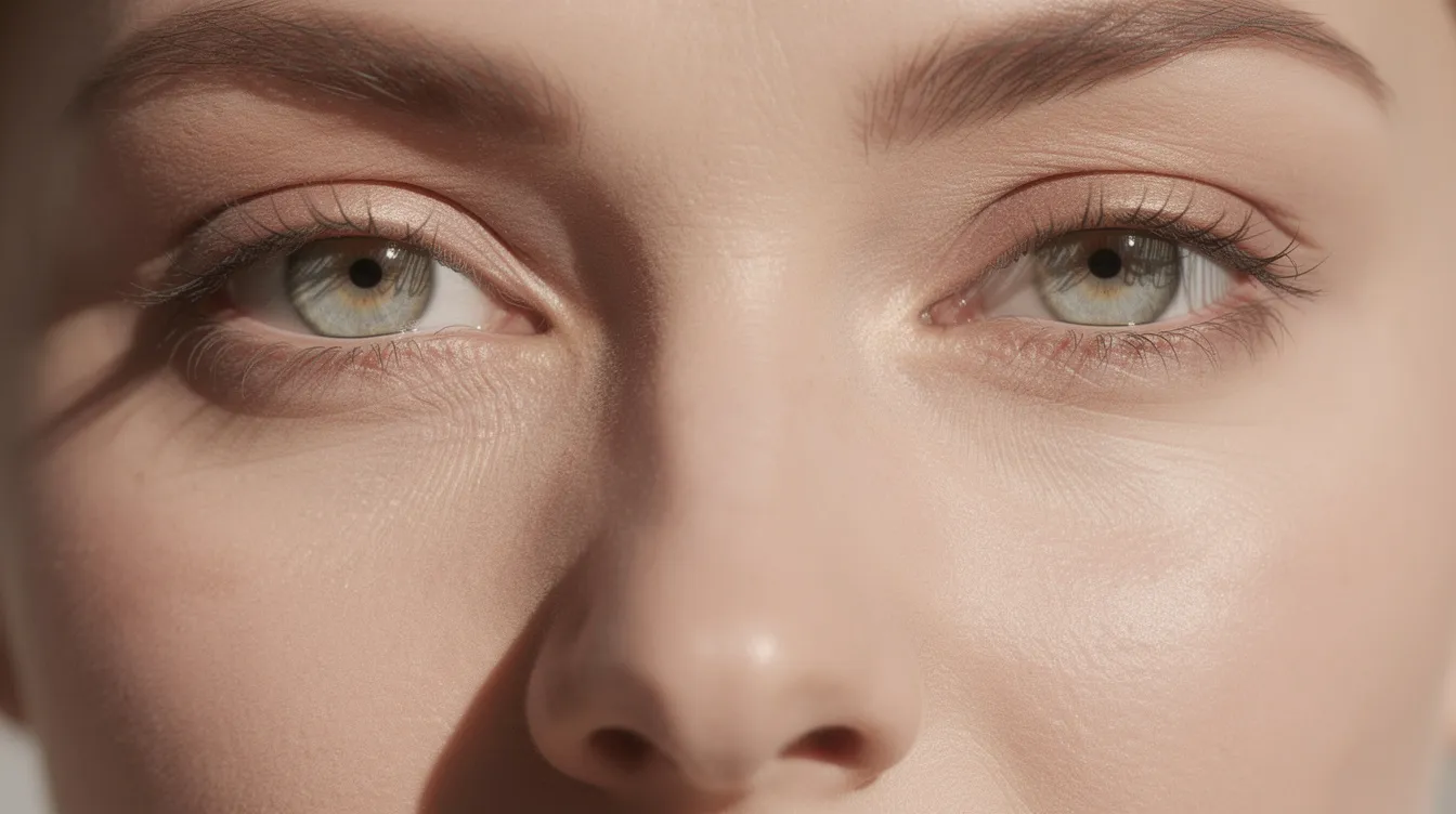 Primer plano de la zona periorbital de una persona con ojos claros y piel sana, mostrando la textura de los párpados y la ausencia de bolsas bajo los ojos, lo que sugiere una buena salud y juventud. Esta imagen puede ser relevante en el contexto de la blefaroplastia, un procedimiento quirúrgico que busca mejorar la apariencia de los párpados.
