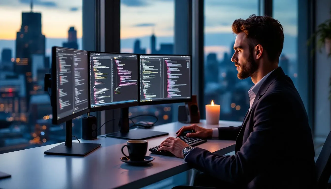 A creative professional is seated at a modern workstation, actively using AI tools for content generation, surrounded by screens displaying complex data and algorithms related to artificial intelligence and machine learning. The environment reflects a blend of technology and creativity, showcasing the integration of advanced AI models and tools in the workspace.