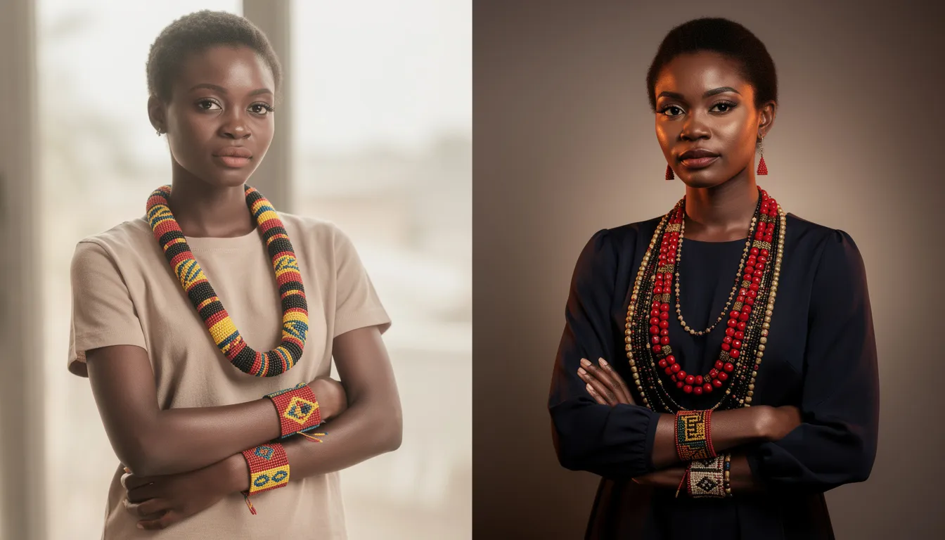 The image showcases a variety of African necklaces, featuring bold beaded designs that highlight the beauty of traditional craftsmanship. These pieces can be styled casually or formally, reflecting individuality and cultural significance, with colors symbolizing traits such as bravery and strength.