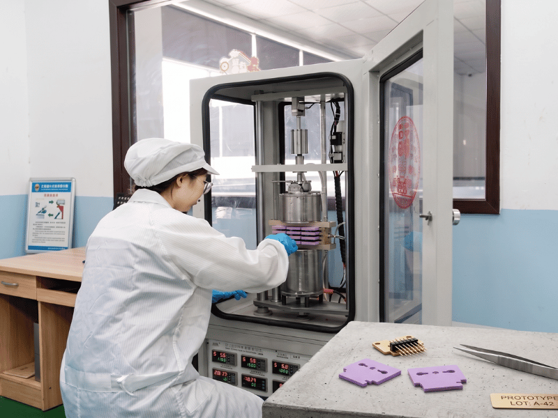 A technician in a cleanroom lab coat operating a large industrial testing machine. In the foreground, purple thermal pad prototypes, tweezers, and a "PROTOTYPE LOT: A-42" metal plaque are placed on a concrete-textured workbench.