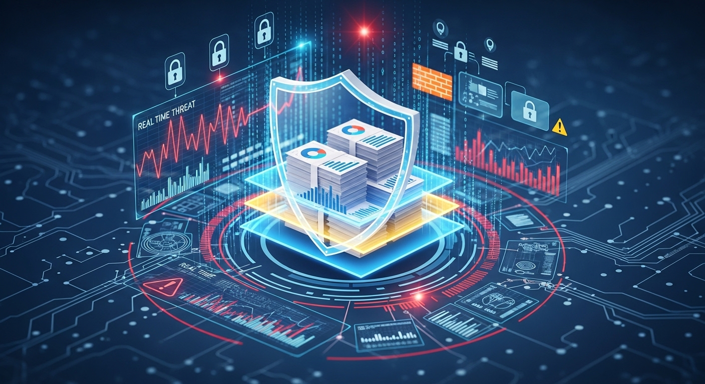 Business data protected inside a cloud shield with multiple security layers and real-time threat monitoring.