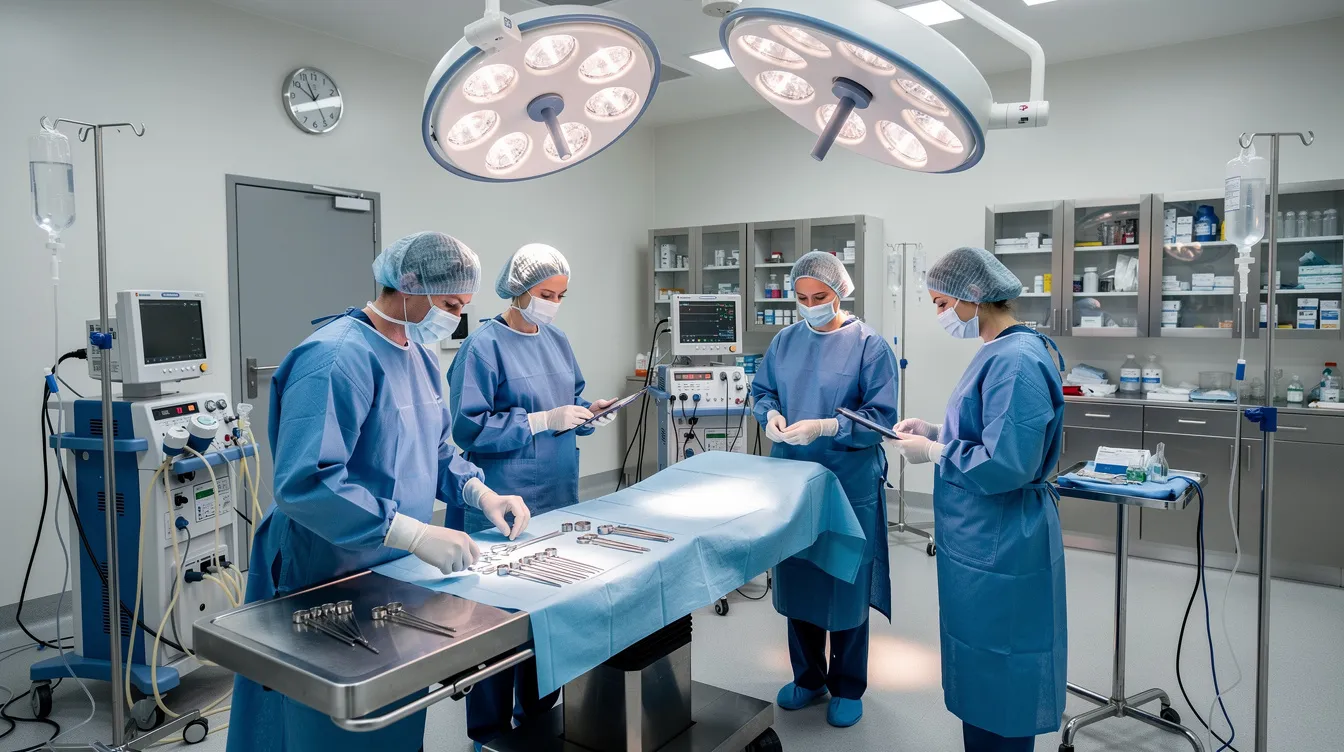 A surgical team is seen preparing an operating room, arranging various medical equipment necessary for procedures such as breast implant replacement or revision surgery. The atmosphere is focused and professional, highlighting the importance of proper preparation for cosmetic procedures like breast augmentation or implant removal.