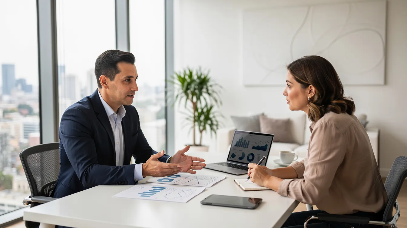 The image depicts a professional consultation meeting in a bright, modern office, where a financial advisor is discussing loan options with a client. They are reviewing documents related to personal loans, including credit reports and repayment plans, emphasizing the importance of understanding the actual annual interest rates and loan application processes.