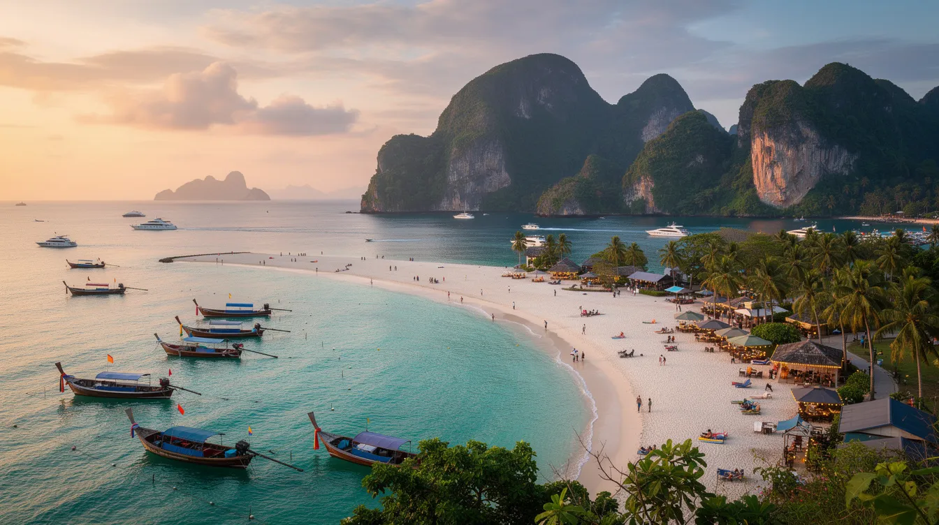 A imagem retrata a bela praia de Patong em Phuket, Tailândia, com suas areias brancas e águas cristalinas do Golfo da Tailândia. Ao fundo, é possível ver a vida marinha e algumas montanhas, enquanto turistas desfrutam do pôr do sol em um ambiente vibrante e animado.