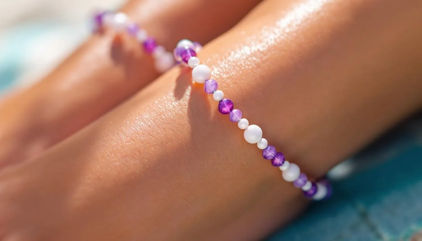 The image features a collection of handmade beaded anklets, showcasing vibrant purple and crisp white beads that shimmer in the sunlight. These delicate accessories are designed to add a pop of color and elegance to women's summer outfits, perfect for beachwear and casual strolls.