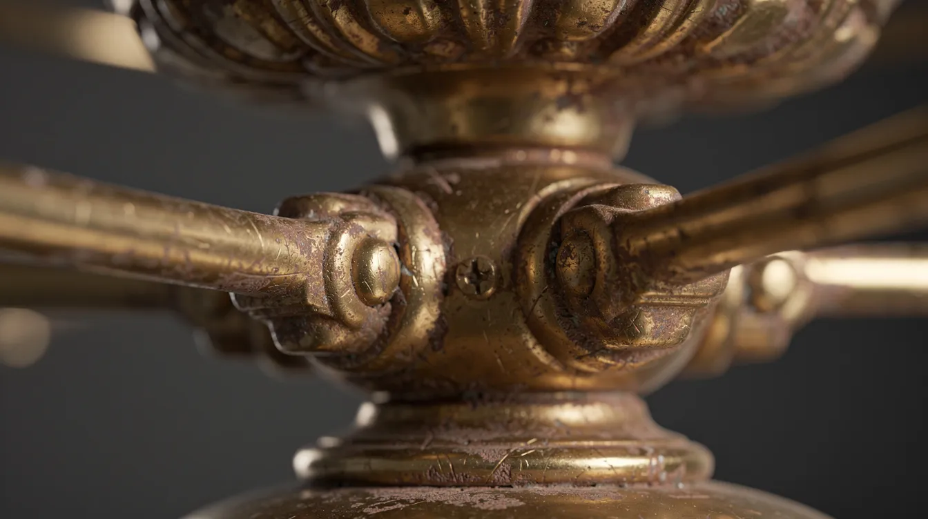 Närbild av en klassisk taklampa med mässingsdetaljer som har en vacker patina, vilket ger en antik känsla. Lampan är designad i stil med sekelskiftet och passar perfekt som inredning i ett rum.