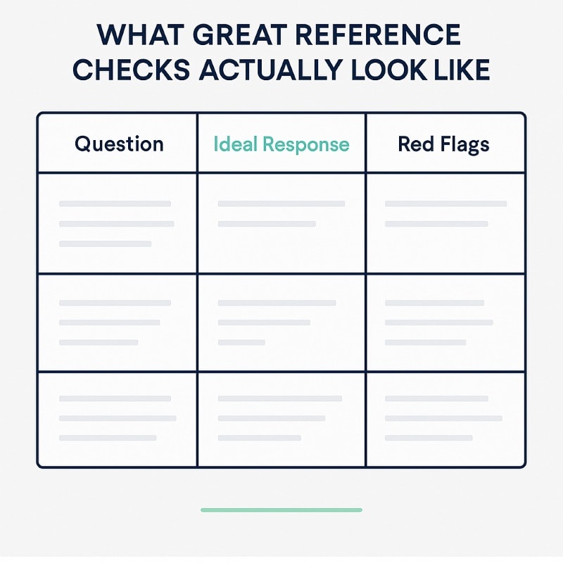 A clean, professional checklist graphic titled “What Great Reference Checks Actually Look Like” features a three-column table with headers: “Question,” “Ideal Response,” and “Red Flags.” The layout uses navy and teal accents on a white and light gray background, illustrating a structured approach to conducting unbiased, effective reference calls. Each row contains sample formatting to suggest consistent evaluation criteria. ChatGPT fragen