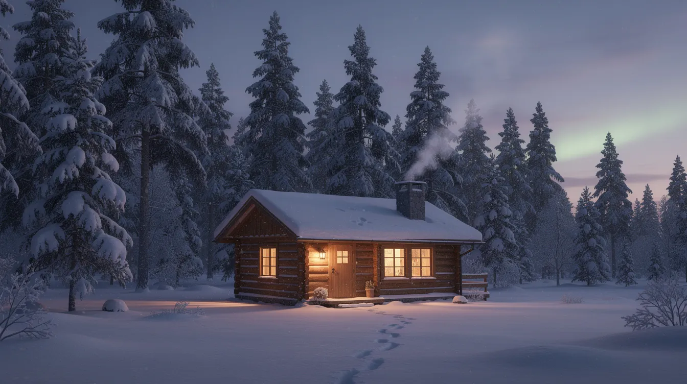 A cozy wooden cabin is nestled in a snowy Scandinavian forest at twilight, where warm light glows from the windows, creating a serene and inviting atmosphere. This scene captures the essence of winter vacation, evoking a sense of comfort and tranquility amidst the cold.