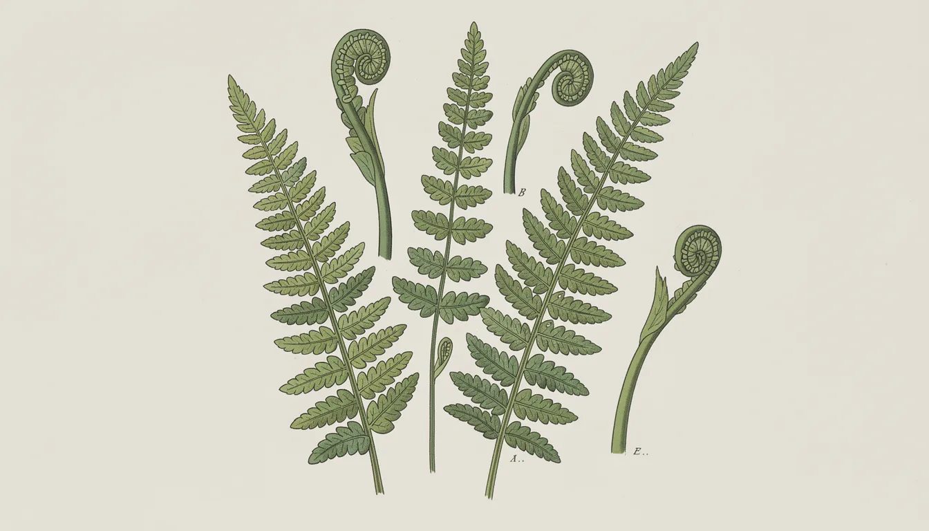 Esta ilustración botánica presenta delicados frondes de helecho desplegándose con gracia sobre un fondo neutro, capturando la belleza de la naturaleza en una exhibición armoniosa. Ideal para posters de naturaleza o arte mural, invita a los espectadores a explorar la tranquilidad del mundo natural.