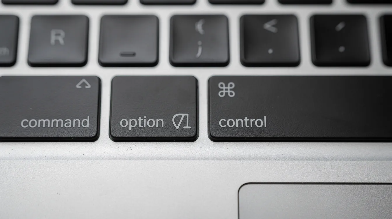 Das Bild zeigt eine Nahaufnahme einer MacBook-Tastatur von oben, wobei der Fokus auf der Optionstaste liegt. Diese Taste, auch als Alt-Taste bekannt, wird häufig verwendet, um Sonderzeichen wie das Euro-Zeichen (€) einzugeben und ist ein wichtiger Bestandteil des Tastaturlayouts für verschiedene Betriebssysteme.