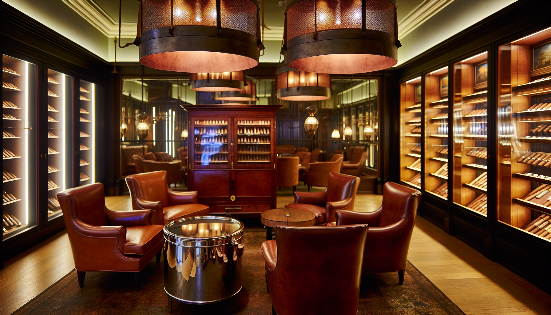 A cozy cigar lounge with leather chairs and a selection of premium cigars