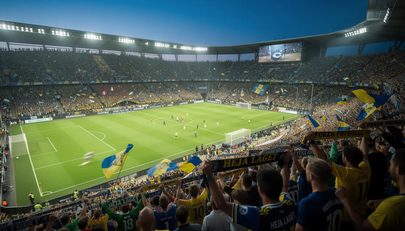 En stor fotbollsmatch på en arena med ett publikhav av entusiastiska åskådare som hejar på sina lag. Stämningen är elektrisk och många fans bär lagtröjor, vilket skapar en färgglad och livlig atmosfär.