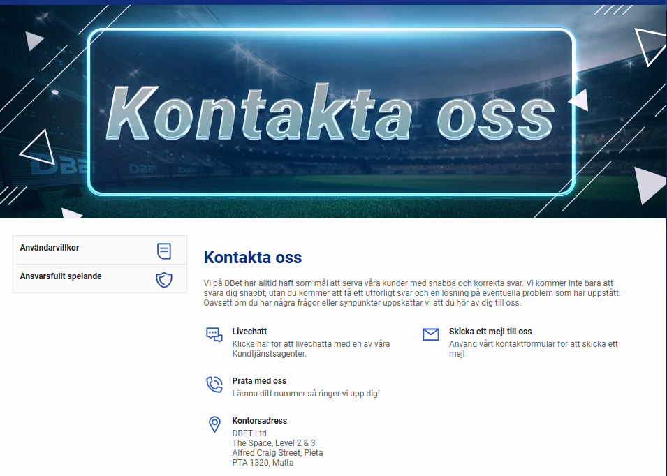 1. DBET:s kundtjänstsida med livechatt, kontaktformulär, återuppringning och kontorsadress.