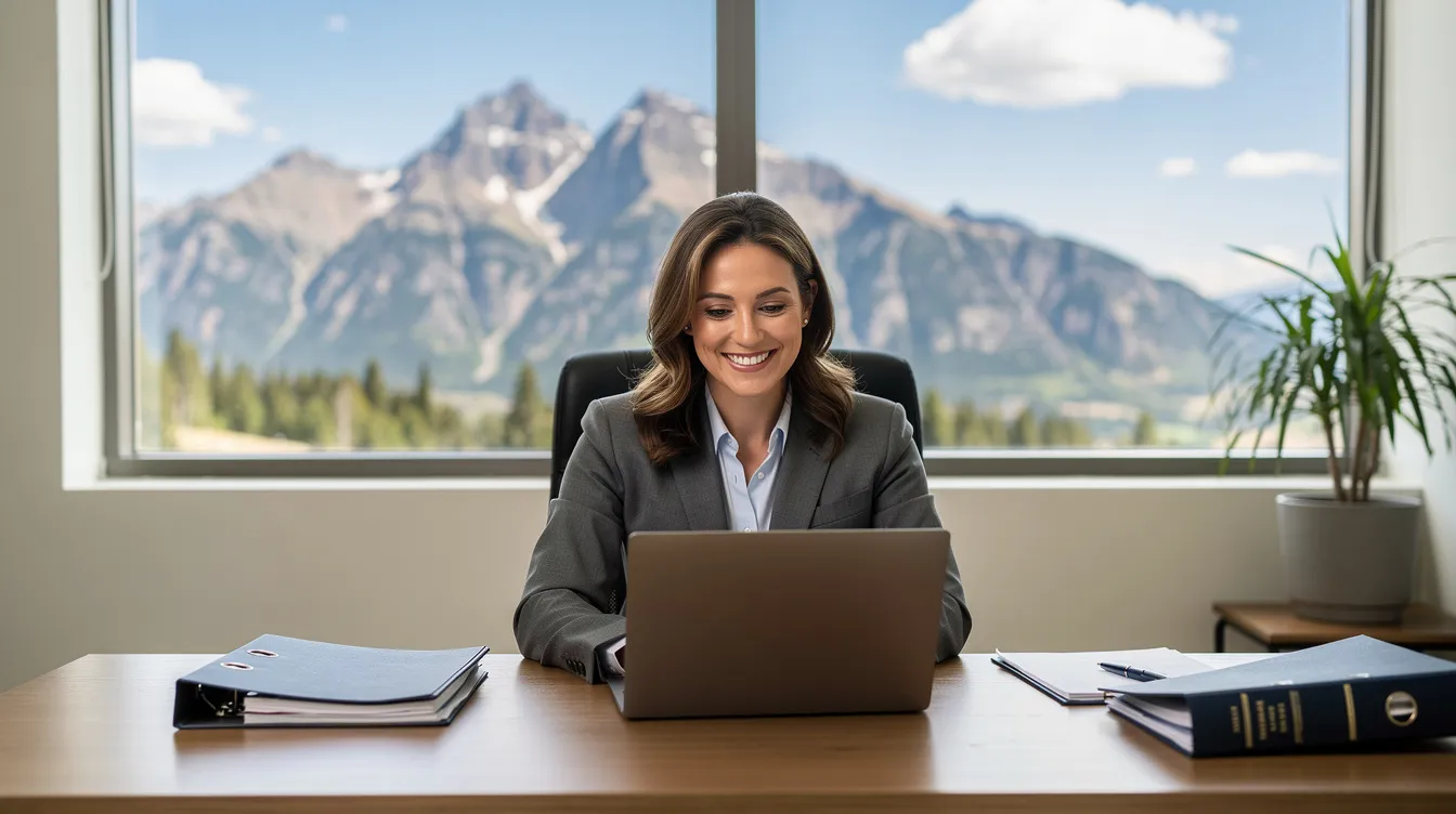 A friendly attorney is engaged in a video consultation on a laptop, with the picturesque Wyoming mountains visible through a nearby window. The scene conveys a sense of professional legal assistance, likely discussing options related to bankruptcy filings and debt relief strategies.