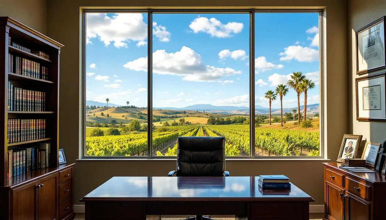 The image shows attorney Andrew Gilliland's office, featuring a modern workspace with legal documents and a computer, set against a scenic backdrop of Temecula, California. The environment reflects professionalism, ideal for clients seeking exceptional legal services in estate planning and other legal matters.