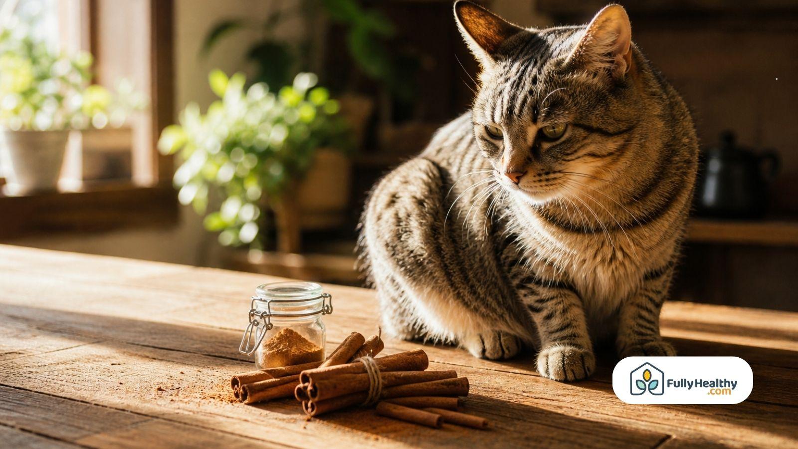 Curious tabby cat near cinnamon sticks