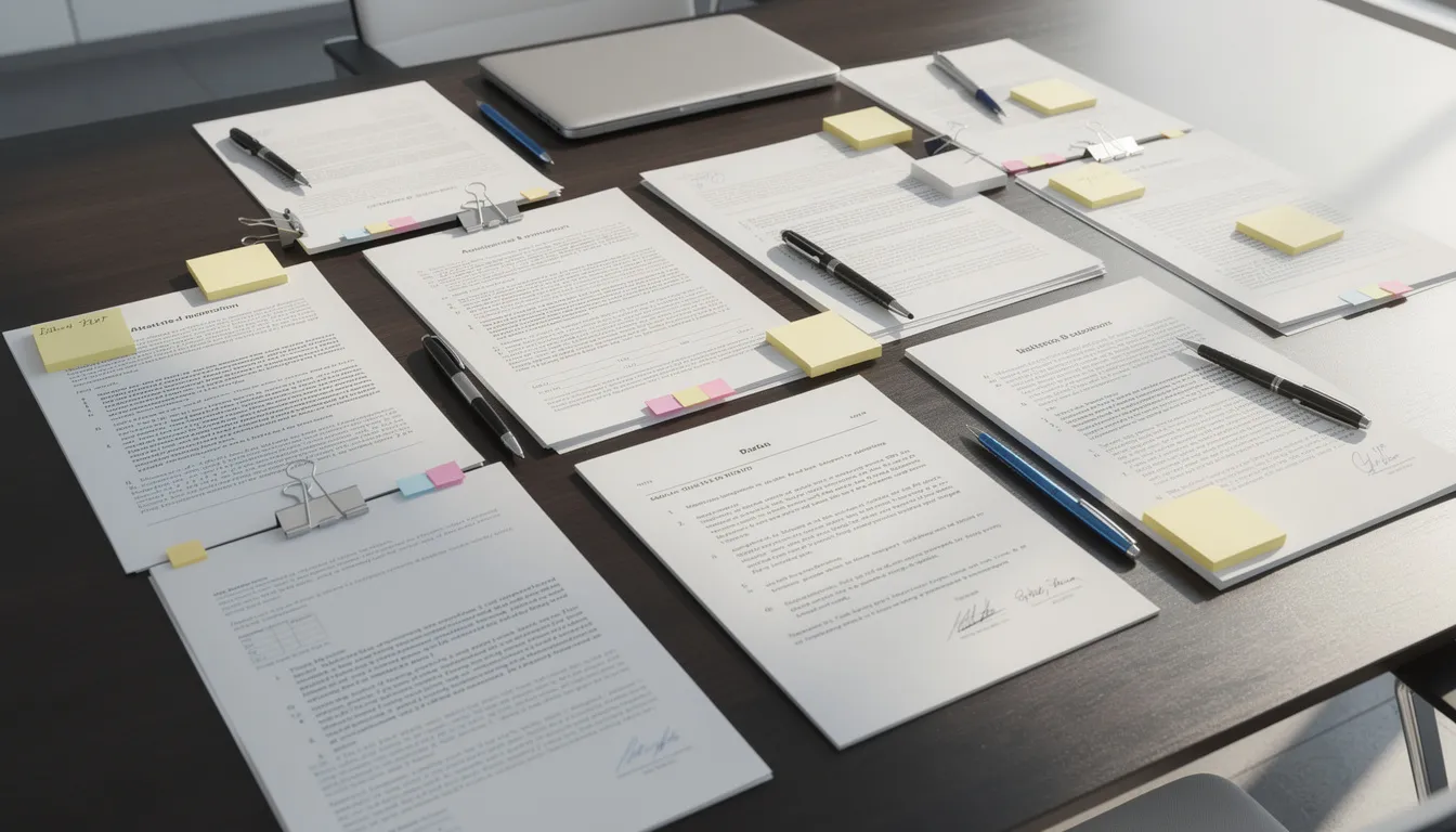 The image shows a variety of legal contract documents neatly spread out on a conference table, indicating a formal business meeting. This setting suggests discussions about marketing strategies, possibly involving local influencers and their impact on social media platforms for enhancing brand visibility.