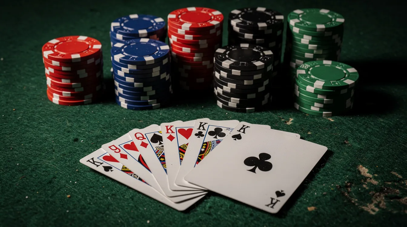 The image shows a collection of colorful casino chips and playing cards neatly arranged on a vibrant green felt table surface, reminiscent of the exciting atmosphere found in live casino games. This setup invites players to engage in various casino games, including poker and slots, as they explore the best online casino sites for their gaming experience.