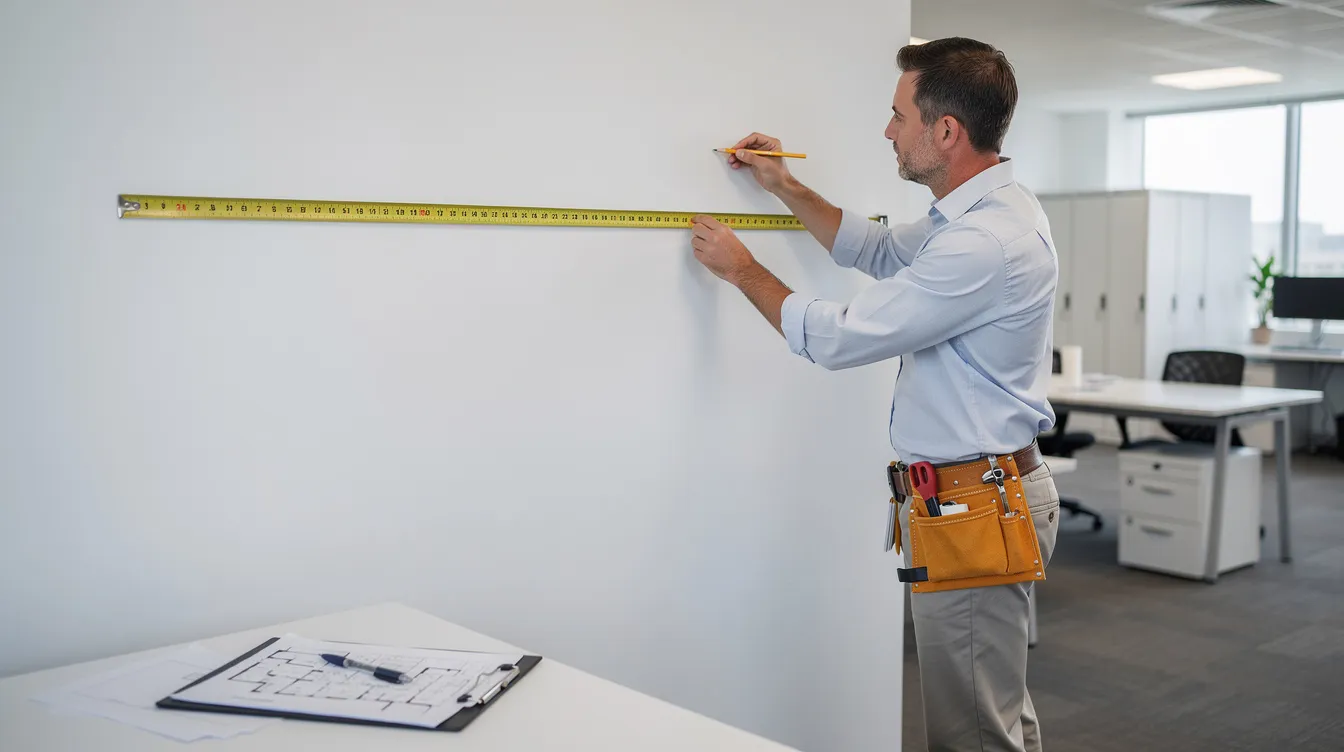 A professional is using a tape measure to accurately mark the placement of smart lockers on a clean office wall, ensuring optimal alignment for the installation process. This careful preparation is essential for a successful smart locker installation, which enhances security and provides convenient keyless entry.