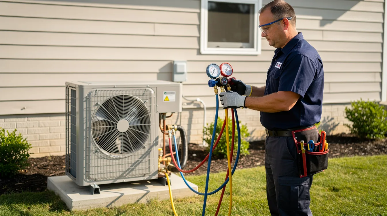 A professional technician is checking the refrigerant pressure gauges on an outdoor air conditioning unit, ensuring the aircon system operates efficiently. This expert service is essential for maintaining optimal performance in both domestic and commercial spaces.