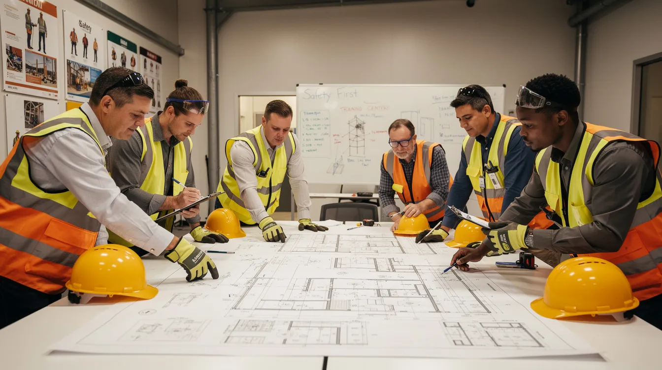 A group of construction professionals is gathered around a table inside a training facility, intently reviewing blueprints and discussing various aspects of the construction project. They are likely assessing material costs, project timelines, and strategies to navigate challenges such as labor shortages and supply chain disruptions in the construction industry.