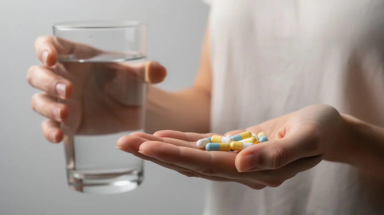 A person is holding a glass of water in one hand while displaying several supplement capsules in their palm, which may include vitamins and minerals like magnesium and vitamin D, often discussed in the context of enhancing cognitive function and overall health. This image reflects the emphasis on informed decisions about daily supplements, as advocated by health experts like Peter Attia.