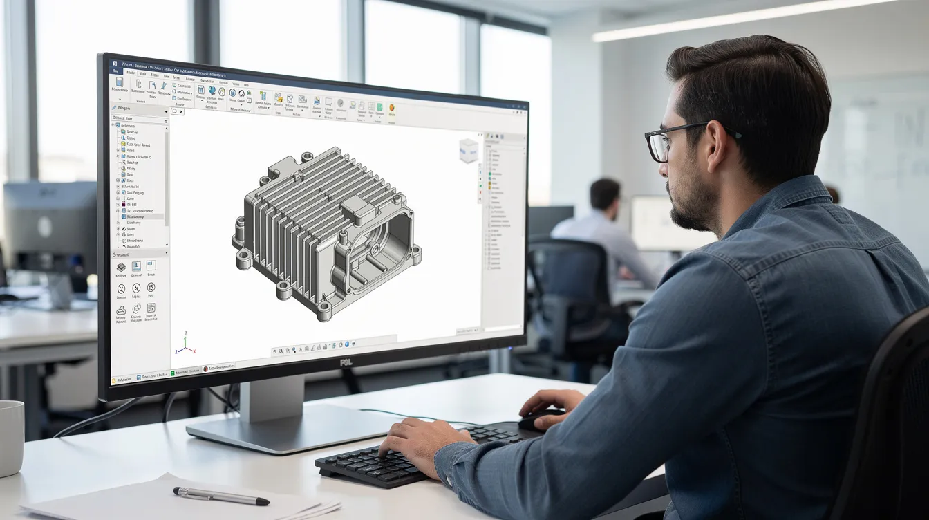 An engineer is intently examining a 3D CAD model of a die cast aluminum housing on a computer screen in a modern office, highlighting the complex geometries and excellent pressure tightness that aluminum die casting offers for high performance applications. The model demonstrates the superior fluidity and mechanical properties of aluminum alloys, essential for various industrial applications.