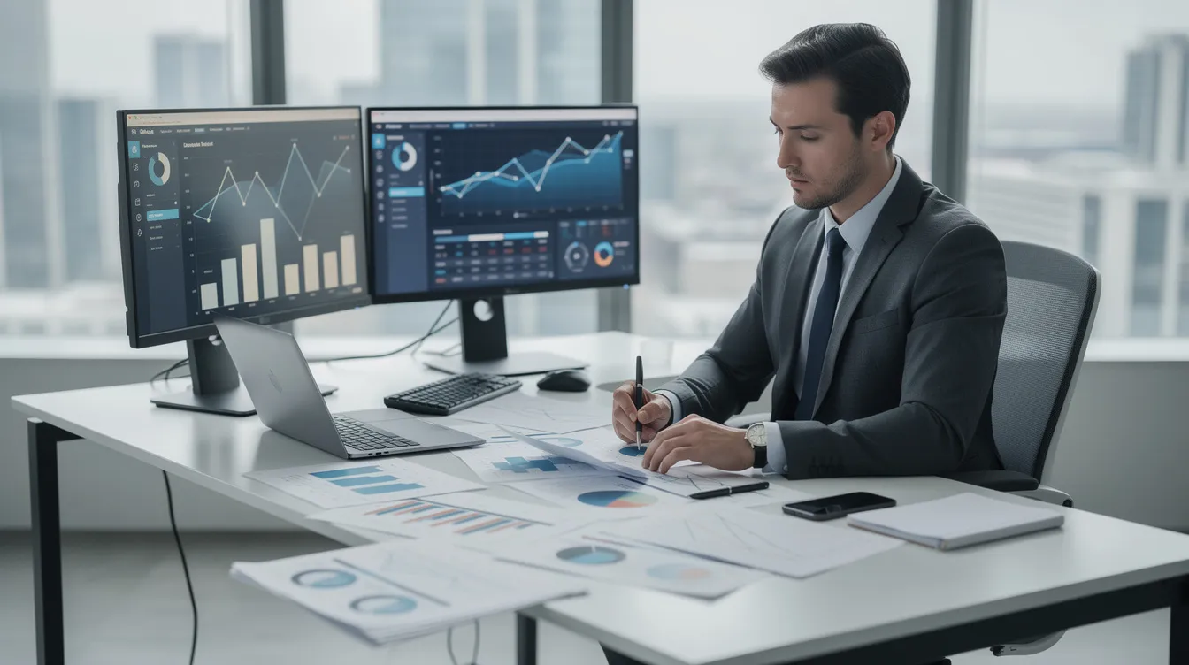 6aabf018 a0cf 4dbb bbf9 7e2432cab68b A business professional is seated at a modern office desk, intently reviewing detailed financial charts and graphs that display key metrics such as cash flow, debt service coverage ratio (DSCR), and operating costs related to a poha manufacturing project. The workspace is organized and features a laptop, notepad, and various financial documents, highlighting the focus on project finance and profitability projections.
