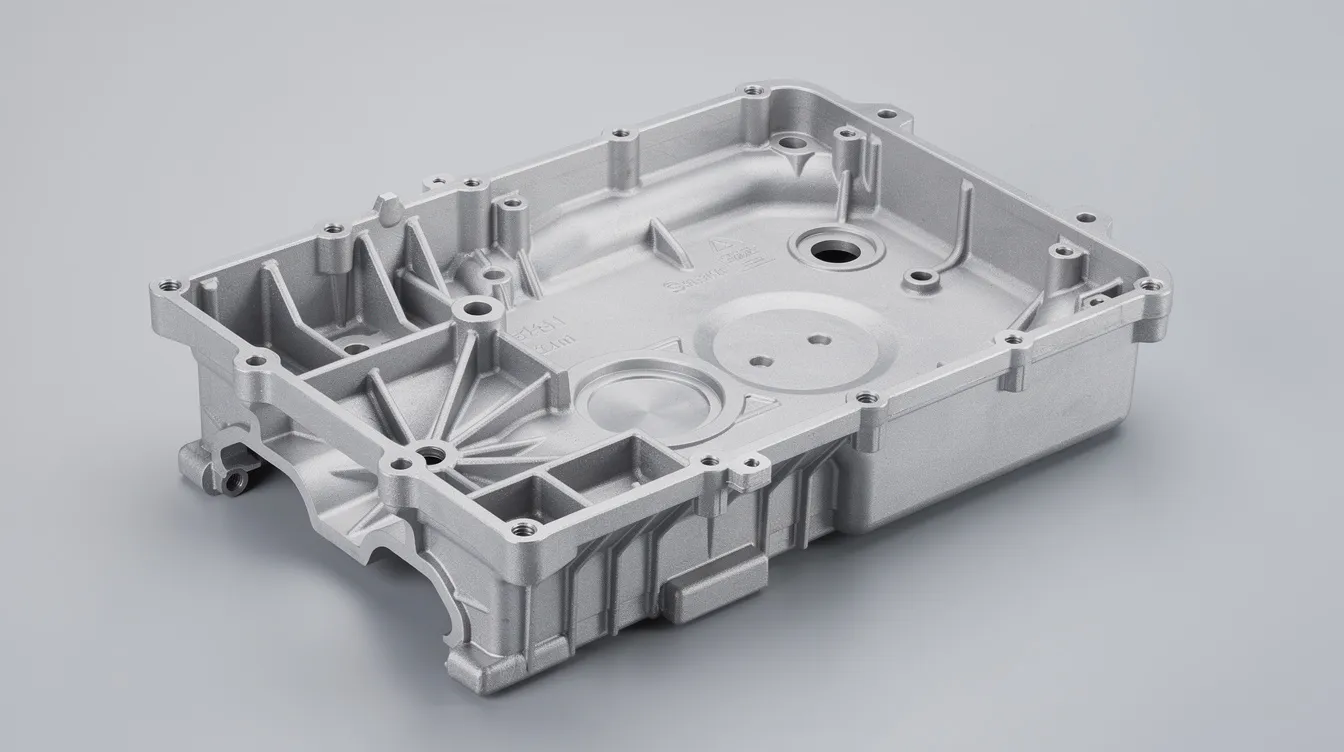 The image depicts a precision aluminum die cast housing featuring multiple thin-walled sections and intricate surface details, showcasing the high precision die casting process used to create complex geometries with tight tolerances. This high-quality part demonstrates the advanced die casting techniques that ensure smooth surface finishes and excellent mechanical properties.