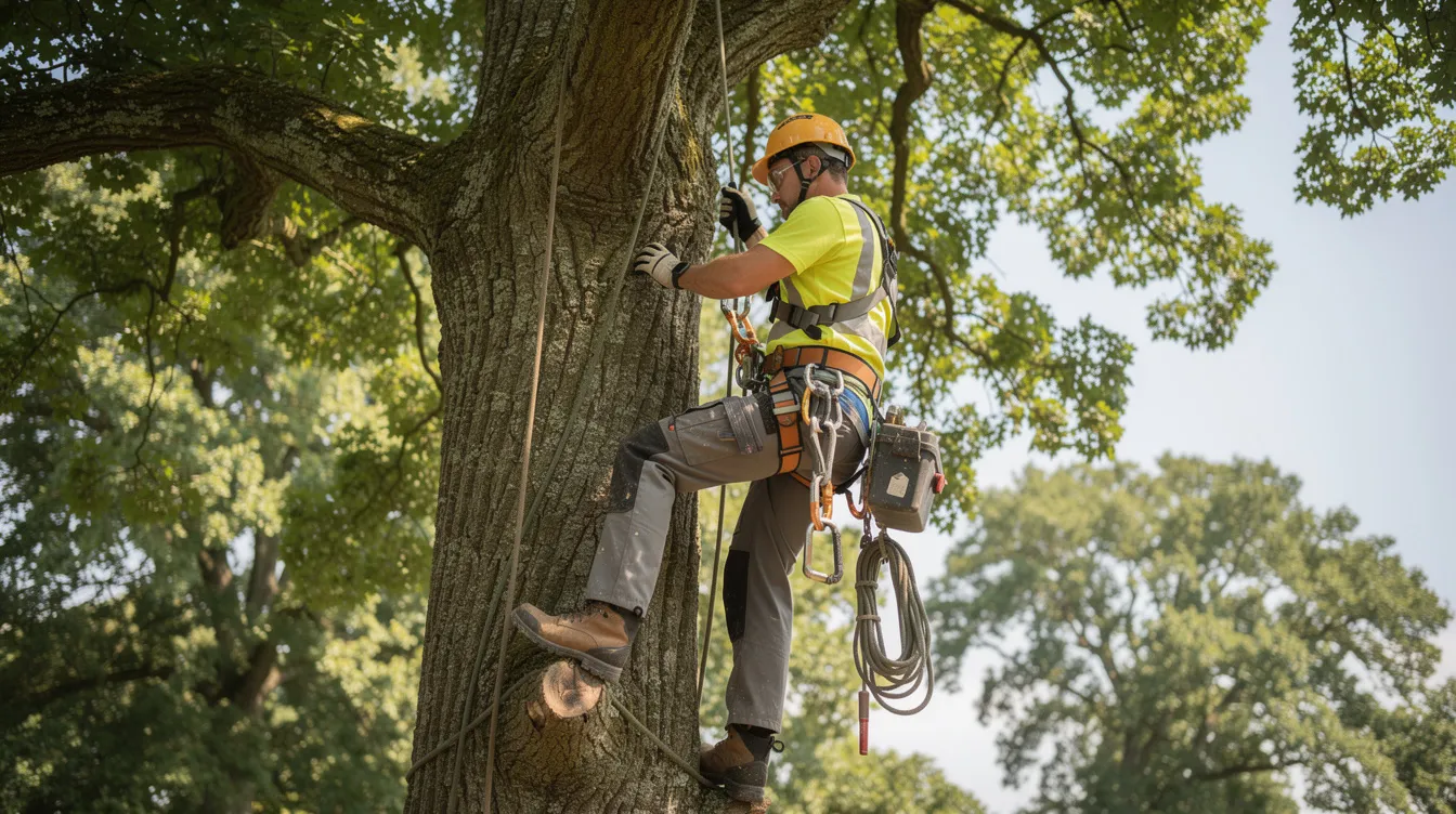 A professional arborist, equipped with safety gear and climbing equipment, ascends a large tree, demonstrating the commitment to exceptional tree care and maintenance. This scene highlights the importance of safety and expertise in vegetation management, essential for protecting both the environment and commercial properties.