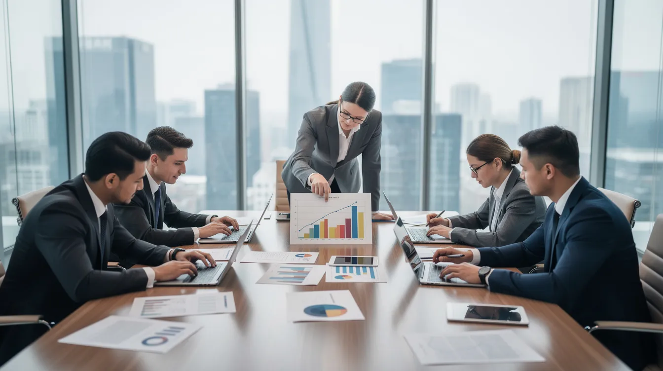 A group of business professionals, including energy lawyers and advisors, are gathered around a conference table, intently reviewing documents and data related to complex energy transactions, joint ventures, and project finance in the oil and gas industry. The atmosphere conveys a sense of collaboration and focus as they discuss strategies to assist their energy clients.