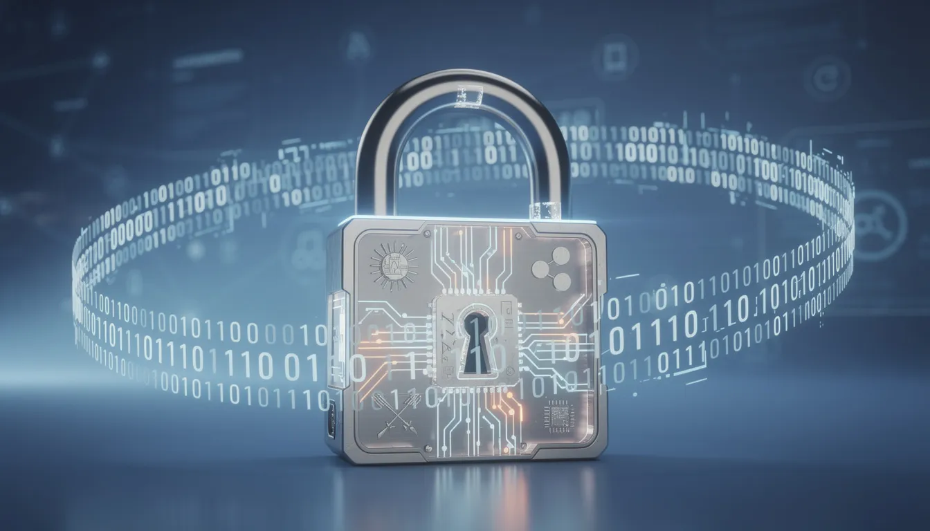 Imagen de un candado de seguridad digital en un fondo azul, adornado con elementos de encriptación y código binario, simbolizando la protección de datos en los casinos internacionales en España y la importancia de la seguridad en los juegos online.