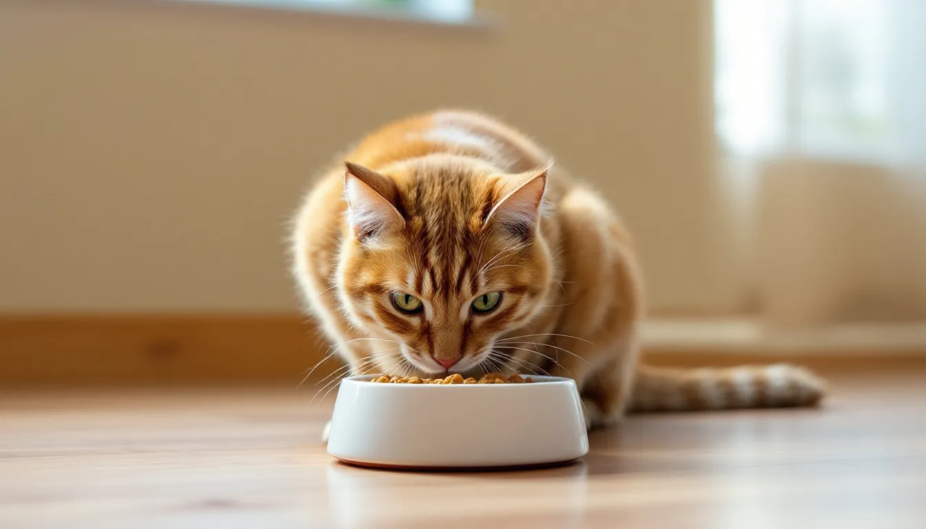 Een oranje kat zit bij zijn etensbak en eet met zichtbaar plezier, terwijl hij af en toe smakt. Deze kat kan kwijlen, wat soms een teken kan zijn van gebitsproblemen of andere klachten, en het is belangrijk voor eigenaren om de symptomen te herkennen en indien nodig een dierenarts te raadplegen.