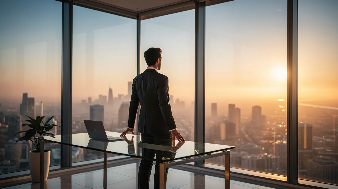 Un leader professionnel se tient dans un bureau moderne, observant la ville au lever du soleil à travers une grande baie vitrée. Cette image illustre les qualités d'un bon leader, telles que la vision et la capacité à inspirer ses collaborateurs.