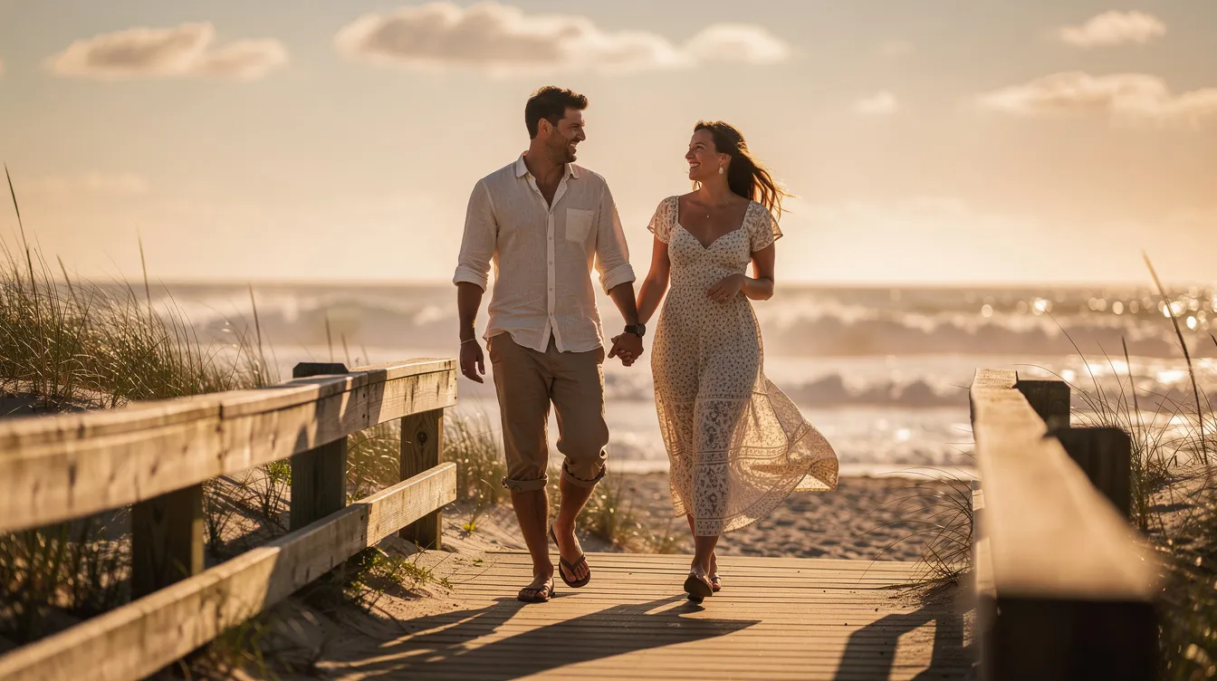 A happy couple strolls along a beach boardwalk at golden hour, with the vibrant colors of the sunset reflecting on the ocean waves in the background. This picturesque scene captures a moment of joy and connection, perfect for Los Angeles singles looking to enjoy fun outdoor dates and meet new people.