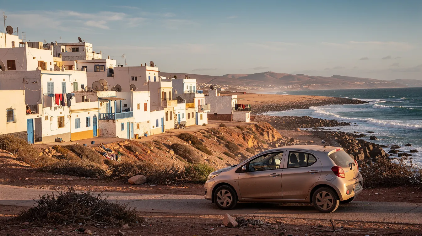 Une voiture compacte garée dans une ruelle d'un village côtier marocain aux maisons blanches.