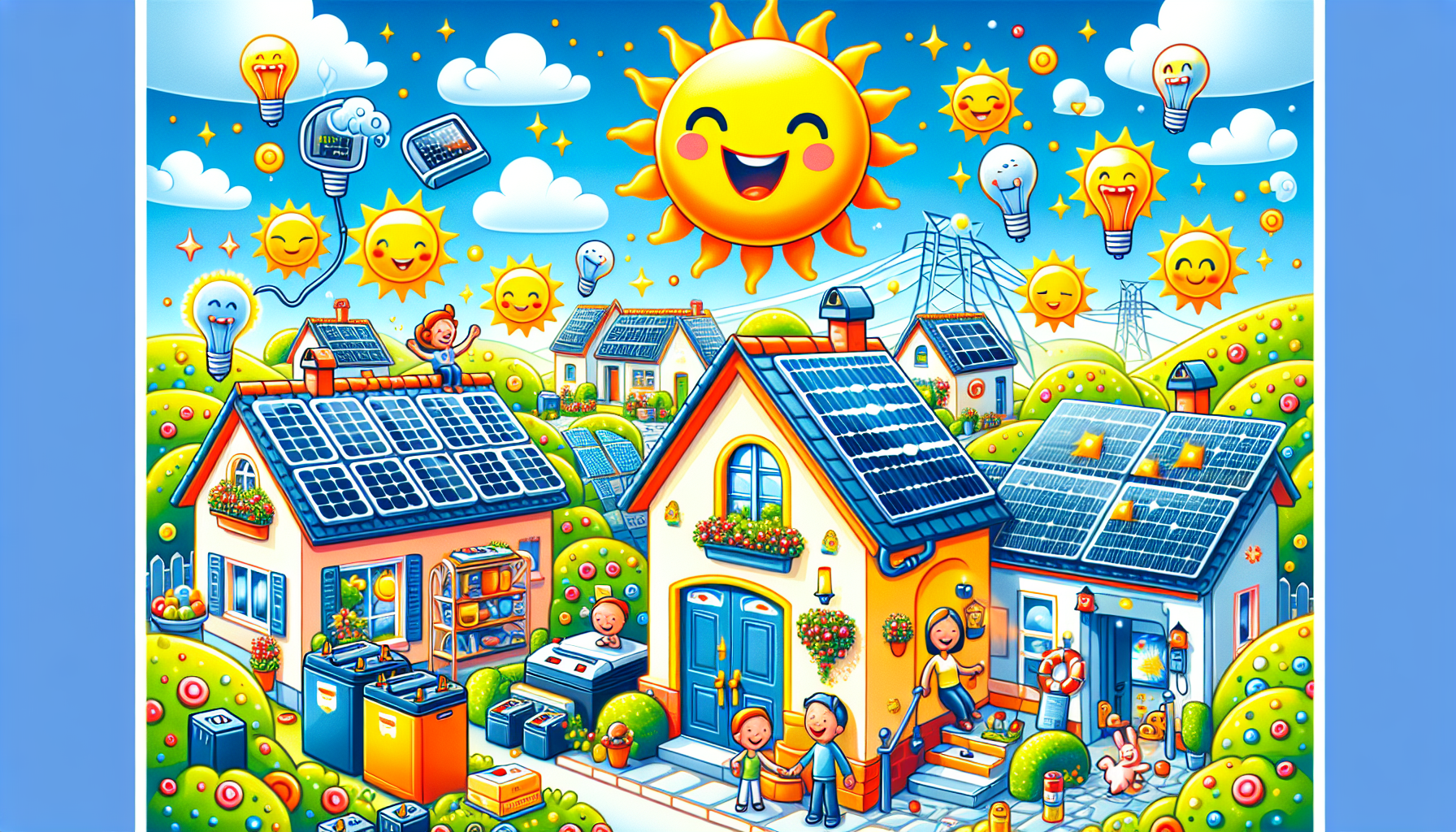 A cartoon representation of various solar solutions for power outages.