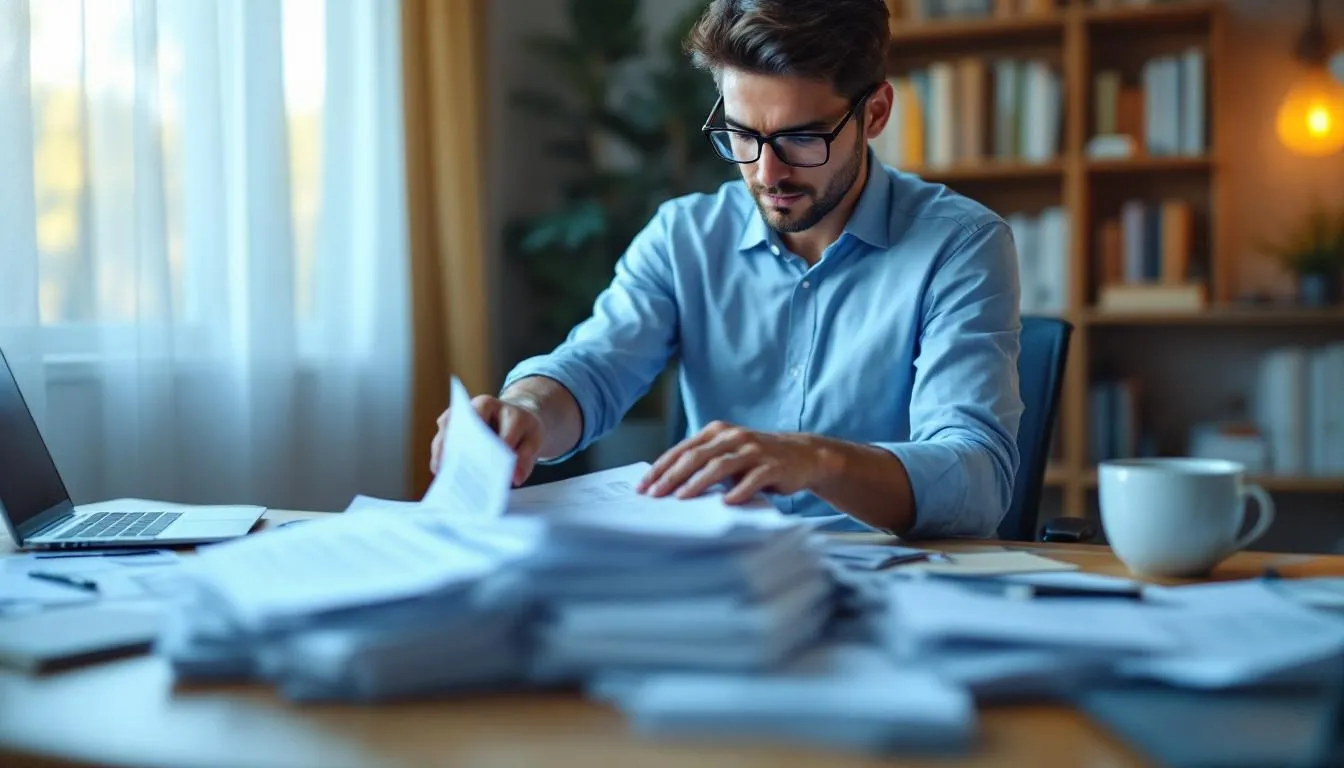 A person is sitting at a desk, carefully organizing financial documents and retirement planning materials, including a retirement blueprint that outlines their retirement goals and strategies for savings. The scene reflects a focus on financial future and informed decisions regarding investments, tax planning, and social security benefits.