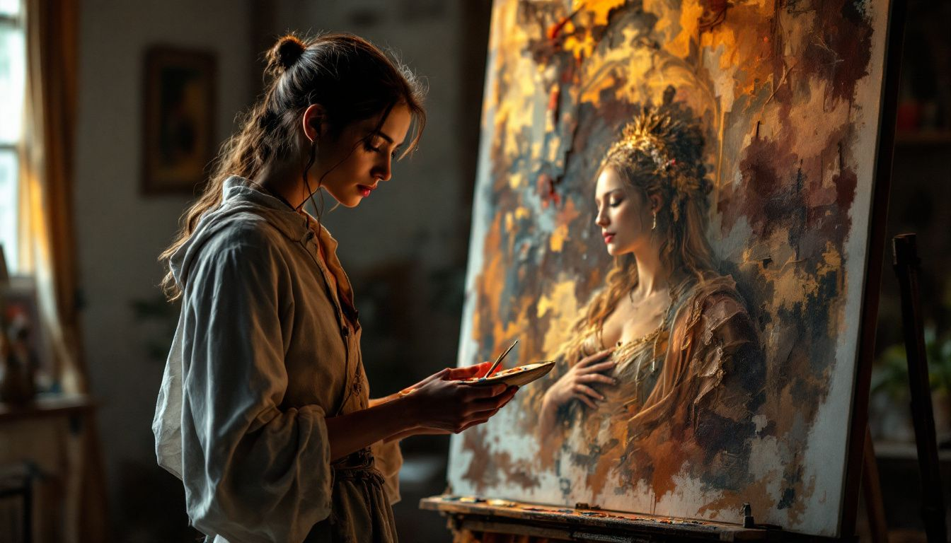 An artist carefully maintaining an oil painting reproduction.