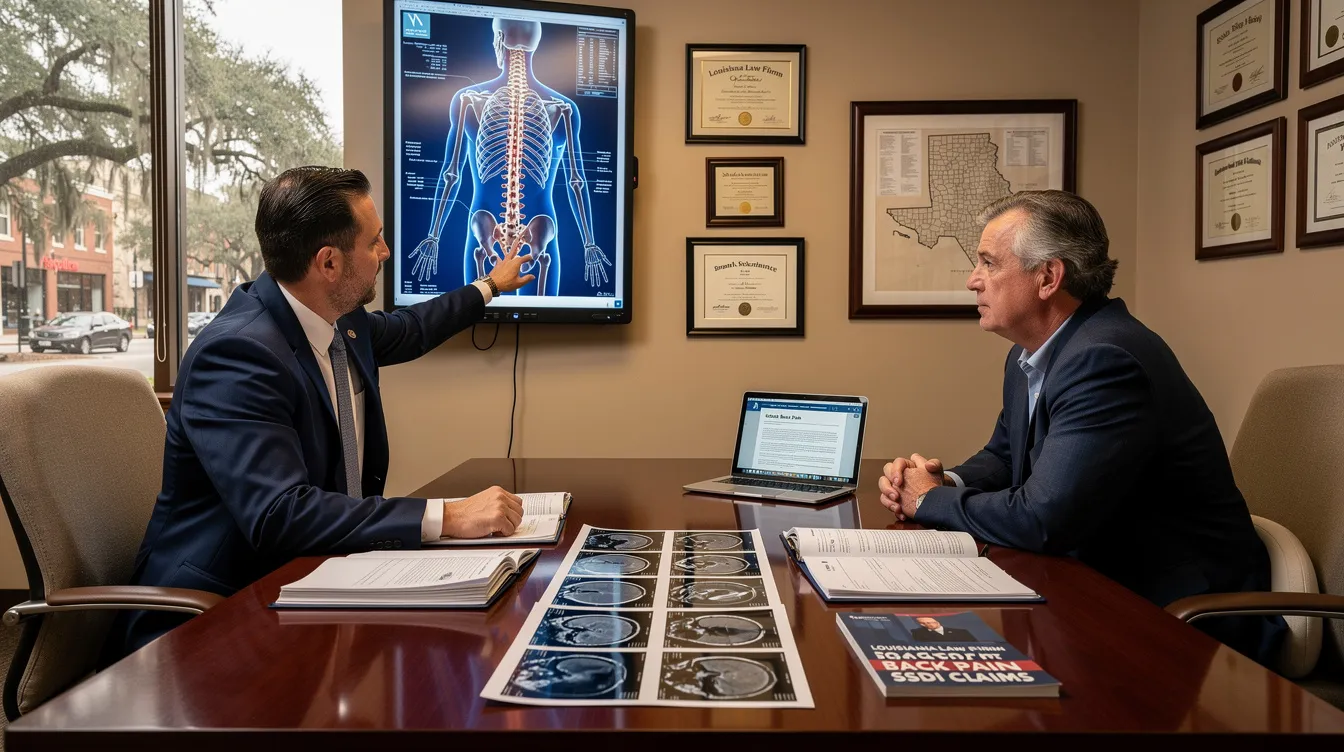The image depicts a law firm in the southern United States, focused on assisting clients with social security disability claims related to back pain. The attorneys are engaged in discussions with clients, emphasizing the importance of understanding medical evidence and documentation necessary for securing social security disability benefits in Louisiana.