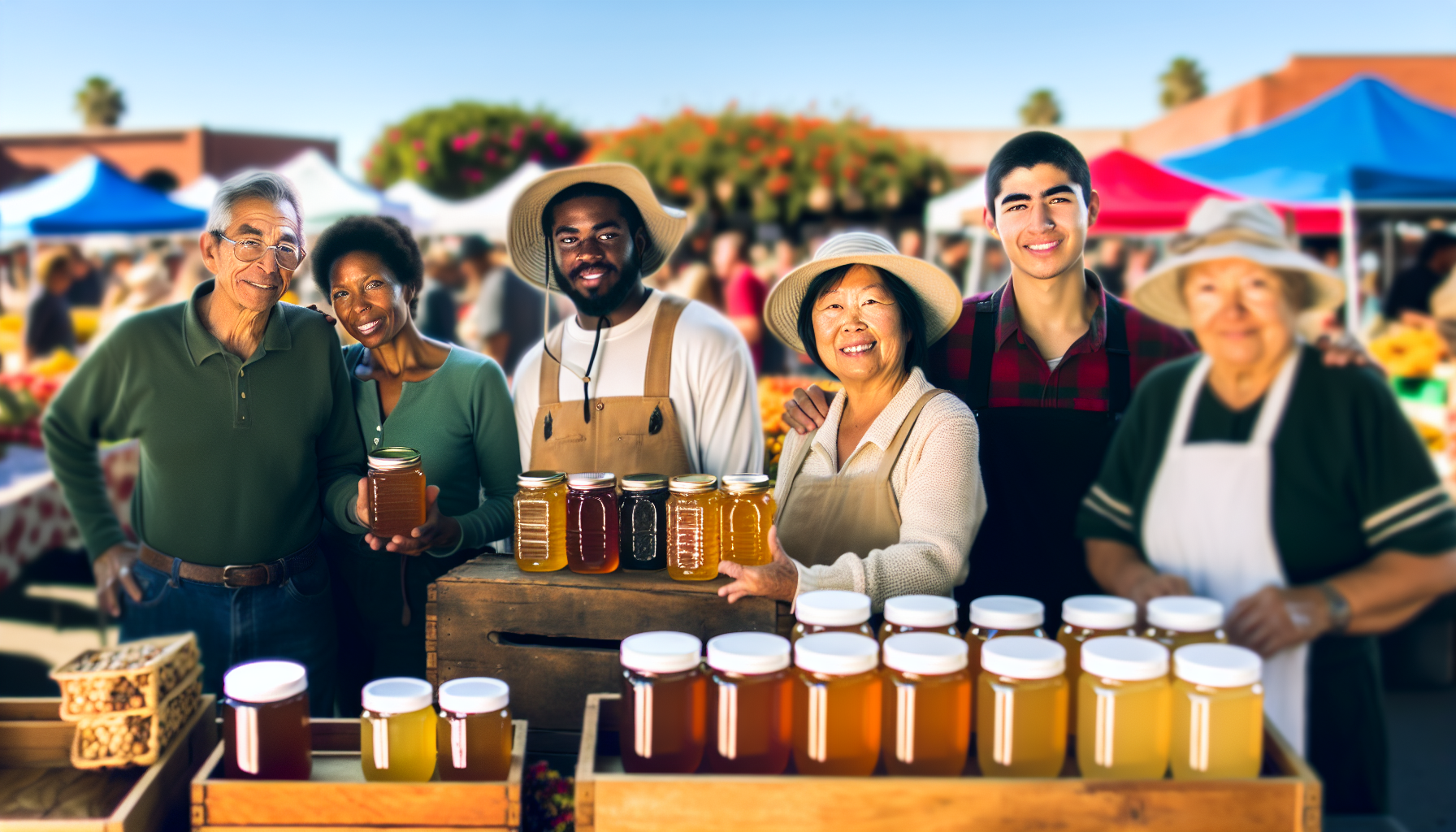 Local beekeepers selling jars of honey at a farmers' market