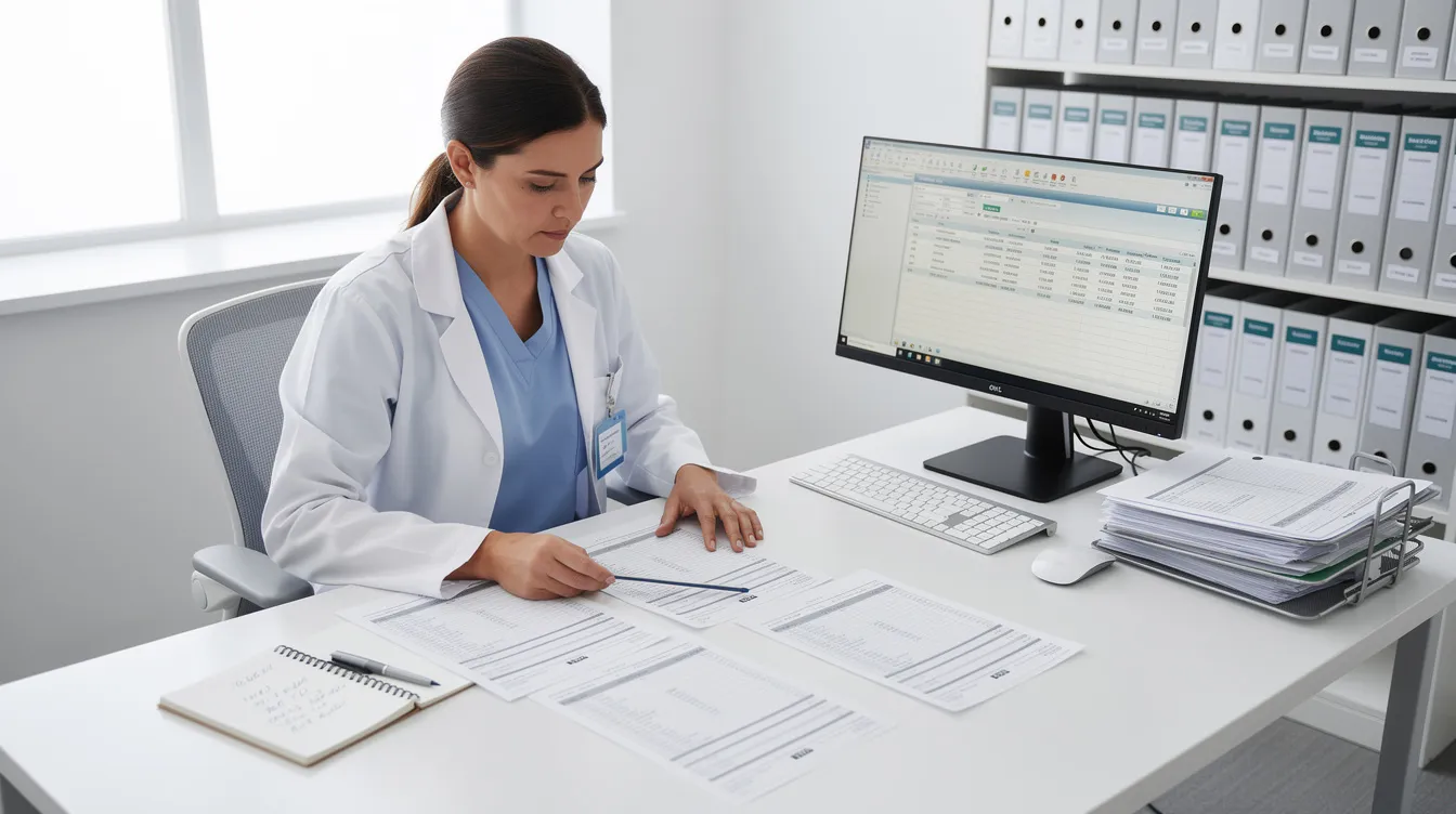 A medical professional is seated at a desk, intently reviewing orthodontic billing documents on a computer, which includes details about insurance verification and treatment plans for comprehensive orthodontic treatment. The workspace is organized with various documents related to the orthodontic billing process, ensuring accurate claim submission and financial responsibilities are managed effectively.