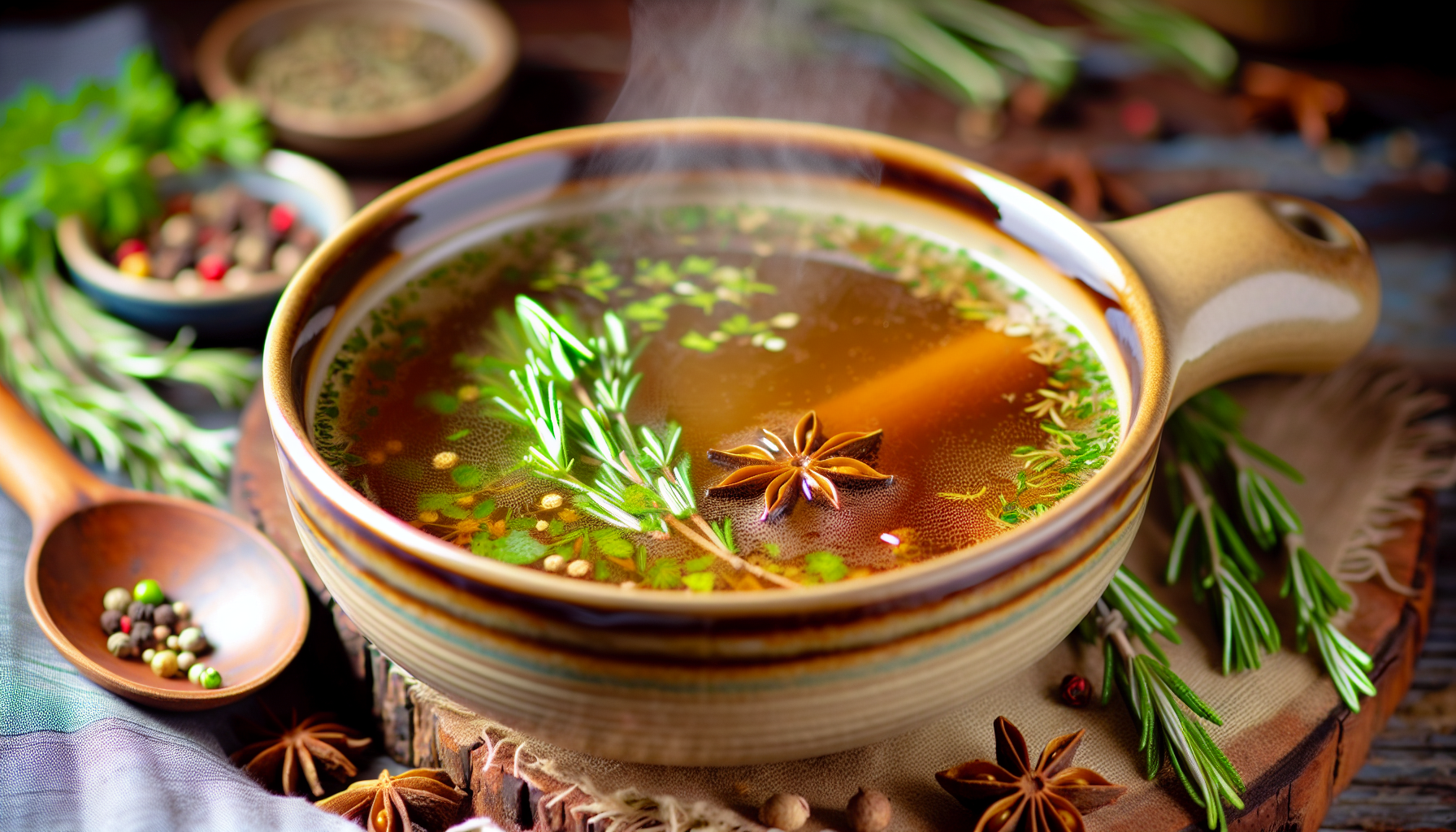 A bowl of bone broth with various herbs and spices