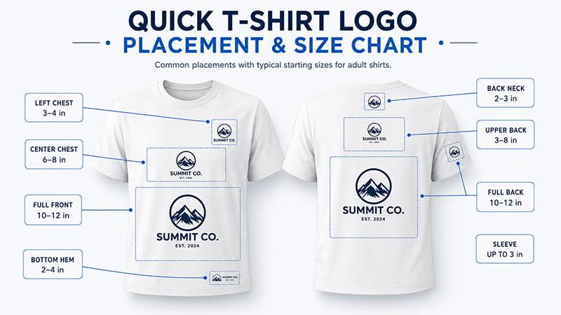 T-shirt logo placement size chart showing left chest, center chest, full front, back neck, upper back, full back, sleeve, and bottom hem positions