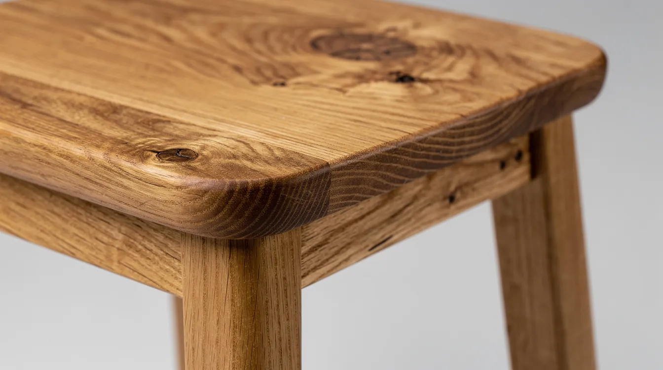Närbild av en solid ekpall som visar den vackra träådringen och hantverket. Pallen är ett bra exempel på svenskt träarbete och passar perfekt som sittplats i olika rum i hemmet.