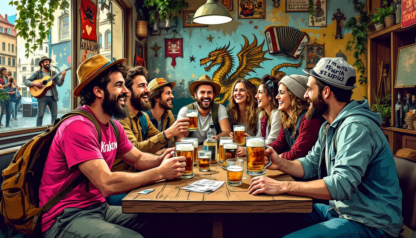 En gruppe venner, der nyder en pub crawl i Krakow.